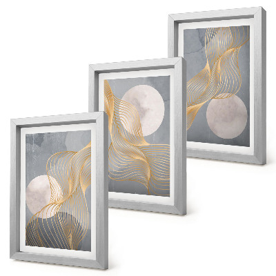 Triptych v ráme Abstraktné vzory s vlnami a kruhmi na sivom pozadí