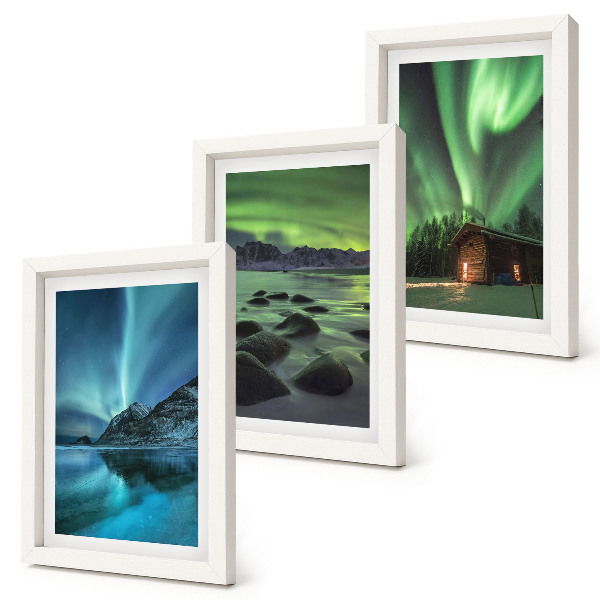 Triptych v ráme Zimná krajina s polárnou žiarou nad horami