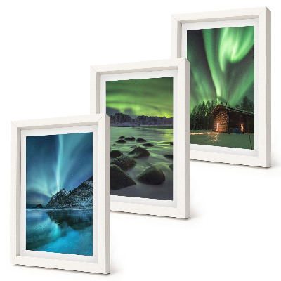 Triptych v ráme Zimná krajina s polárnou žiarou nad horami