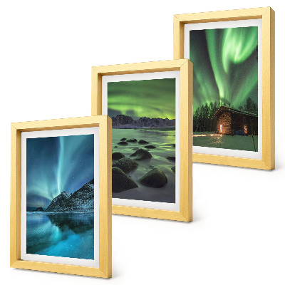 Triptych v ráme Zimná krajina s polárnou žiarou nad horami