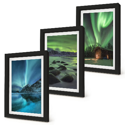 Triptych v ráme Zimná krajina s polárnou žiarou nad horami