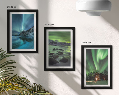 Triptych v ráme Zimná krajina s polárnou žiarou nad horami