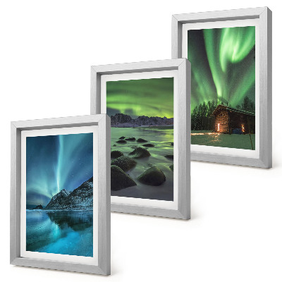 Triptych v ráme Zimná krajina s polárnou žiarou nad horami