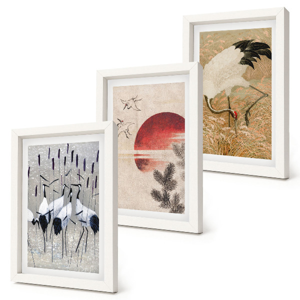 Sada obrazov do obývačky Japonské ilustrácie žeriavu, krajina, japandi