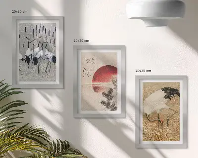 Sada obrazov do obývačky s japonskými ilustráciami žeriavov a krajiny v štýle japandi