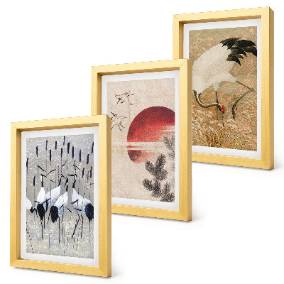 Sada obrazov do obývačky Japonské ilustrácie žeriavu, krajina, japandi