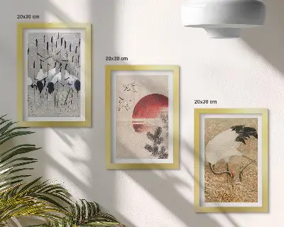 Sada obrazov do obývačky s japonskými ilustráciami žeriavov a krajiny v štýle japandi