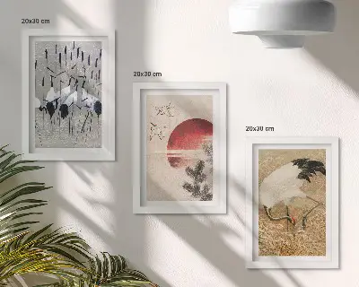 Sada obrazov do obývačky s japonskými ilustráciami žeriavov a krajiny v štýle japandi