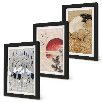 Sada obrazov do obývačky Japonské ilustrácie žeriavu, krajina, japandi