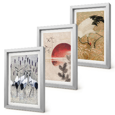 Sada obrazov do obývačky Japonské ilustrácie žeriavu, krajina, japandi