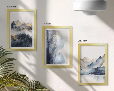 Triptych v ráme horské krajiny v modrých a sivých tónoch