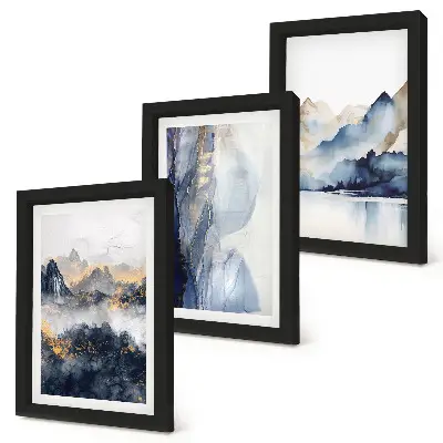Triptych v ráme horské krajiny v modrých a sivých tónoch