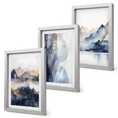 Triptych v ráme Horské krajiny s modrými a sivými tónmi