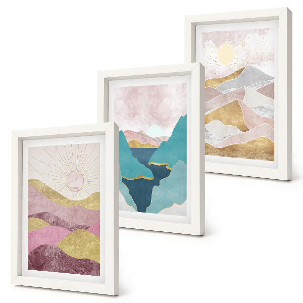 Triptych v ráme Abstraktné krajiny s horami a slnkom