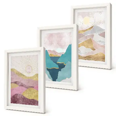 Abstraktné krajiny s horami a slnkom triptych v ráme