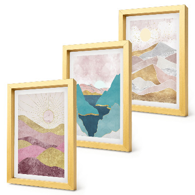 Triptych v ráme Abstraktné krajiny s horami a slnkom