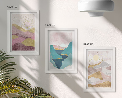 Triptych v ráme Abstraktné krajiny s horami a slnkom