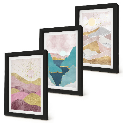 Triptych v ráme Abstraktné krajiny s horami a slnkom