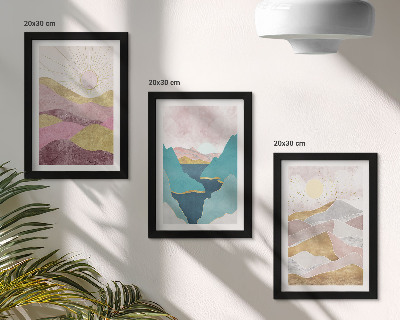Triptych v ráme Abstraktné krajiny s horami a slnkom