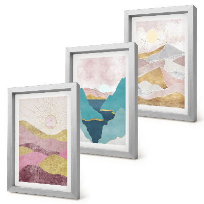 Triptych v ráme Abstraktné krajiny s horami a slnkom