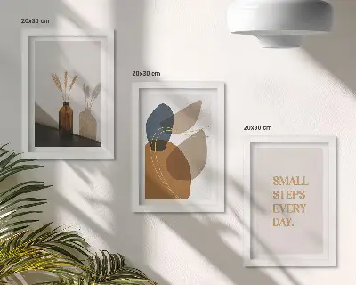 Triptych v ráme s abstraktnými tvarmi a prírodnými akcentmi