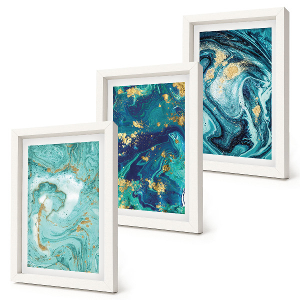 Triptych v ráme Tyrkysová abstrakcia rozliatej farby