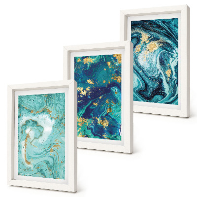 Triptych v ráme Tyrkysová abstrakcia rozliatej farby