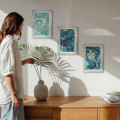 Triptych v ráme Tyrkysová abstrakcia rozliatej farby