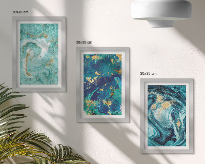Triptych v ráme Tyrkysová abstrakcia rozliatej farby