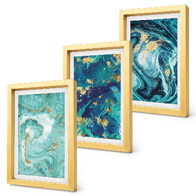 Triptych v ráme Tyrkysová abstrakcia rozliatej farby