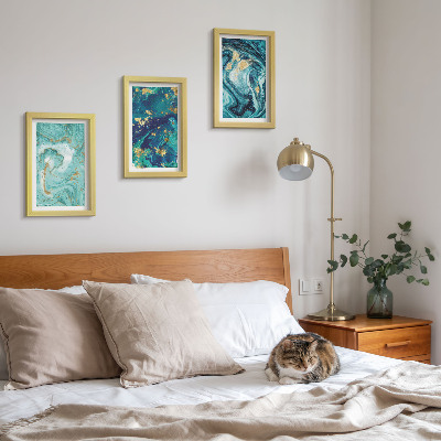 Triptych v ráme Tyrkysová abstrakcia rozliatej farby