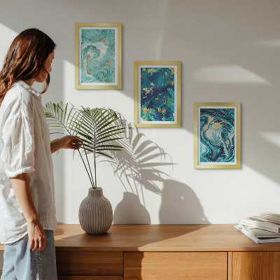 Triptych v ráme Tyrkysová abstrakcia rozliatej farby