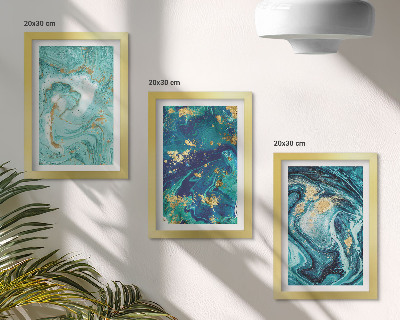 Triptych v ráme Tyrkysová abstrakcia rozliatej farby
