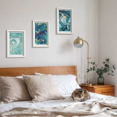 Triptych v ráme Tyrkysová abstrakcia rozliatej farby