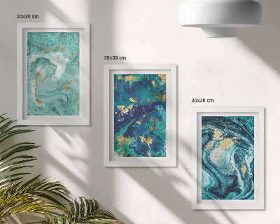 Triptych v ráme Tyrkysová abstrakcia rozliatej farby