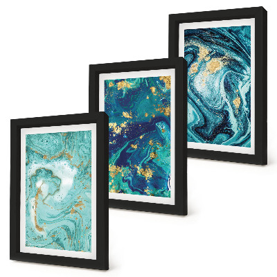 Triptych v ráme Tyrkysová abstrakcia rozliatej farby