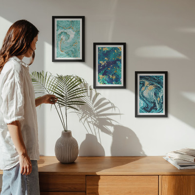 Triptych v ráme Tyrkysová abstrakcia rozliatej farby
