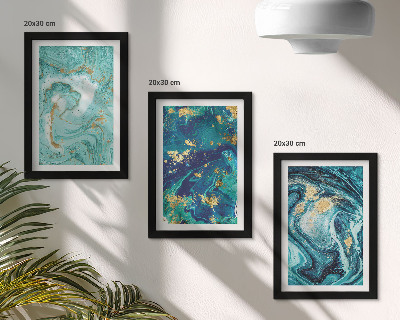 Triptych v ráme Tyrkysová abstrakcia rozliatej farby