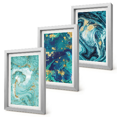 Triptych v ráme Tyrkysová abstrakcia rozliatej farby