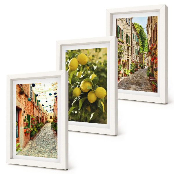 Triptych v ráme Očarujúce ulice s kvetmi a citrónmi v pozadí