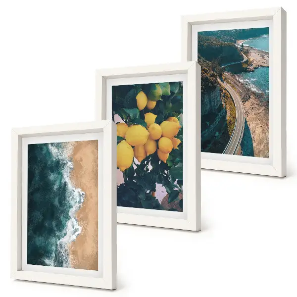 Triptych v ráme s motívom morskej pláže, citrónov a horskej pobrežnej cesty