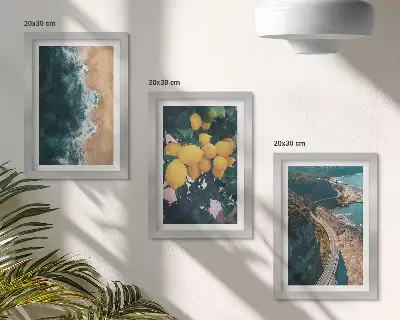 Triptych v ráme s motívom morskej pláže, citrónov a horskej pobrežnej cesty