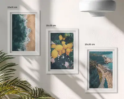Triptych v ráme s motívom morskej pláže, citrónov a horskej pobrežnej cesty