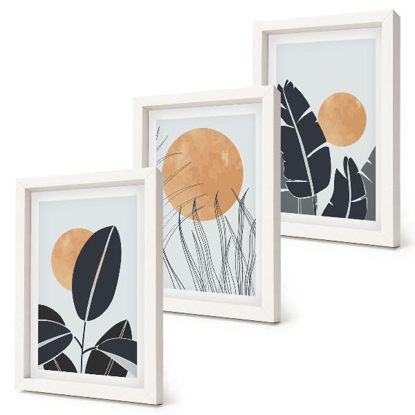 Triptych v ráme Rastlinné vzory s veľkými slnkami, minimalistický štýl