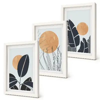 Rastlinné vzory s veľkými slnkami minimalistický triptych v ráme