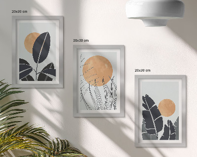 Triptych v ráme Rastlinné vzory s veľkými slnkami, minimalistický štýl