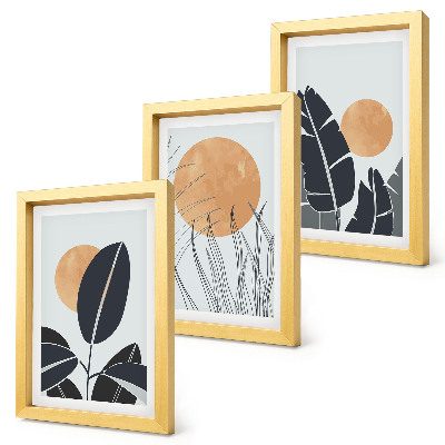 Triptych v ráme Rastlinné vzory s veľkými slnkami, minimalistický štýl
