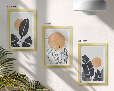 Triptych v ráme Rastlinné vzory s veľkými slnkami, minimalistický štýl