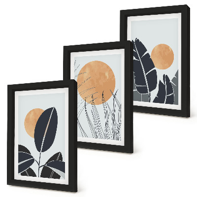 Triptych v ráme Rastlinné vzory s veľkými slnkami, minimalistický štýl