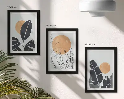 Rastlinné vzory s veľkými slnkami minimalistický triptych v ráme